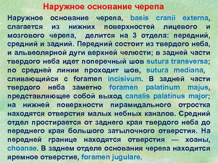 Наружное основание черепа, basis cranii externa, слагается из нижних поверхностей лицевого и мозгового черепа,