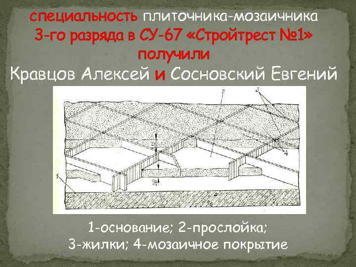 специальность плиточника-мозаичника 3 -го разряда в СУ-67 «Стройтрест № 1» получили Кравцов Алексей и