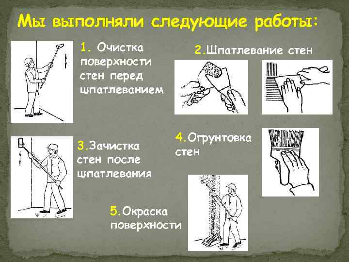 Мы выполняли следующие работы: 1. Очистка поверхности стен перед шпатлеванием 3. Зачистка стен после