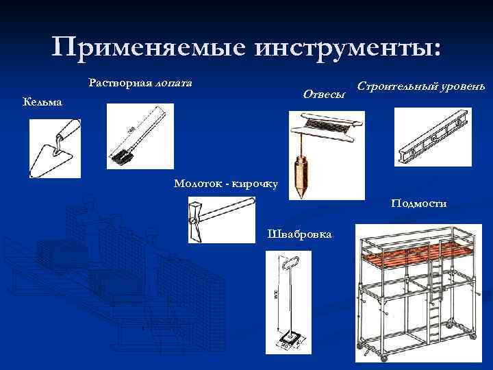 Применяемые инструменты: Растворная лопата Отвесы Кельма Строительный уровень Молоток - кирочку Подмости Швабровка 