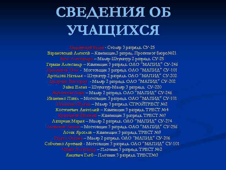 СВЕДЕНИЯ ОБ УЧАЩИХСЯ Андриевский Вадим - Столяр 3 разряда. СУ-25 Барановский Алексей – Каменщик.