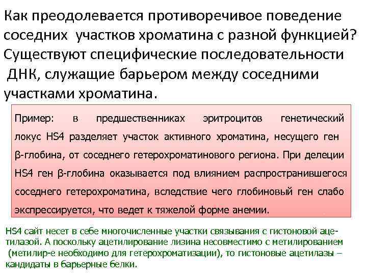 Как преодолевается противоречивое поведение соседних участков хроматина с разной функцией? Существуют специфические последовательности ДНК,