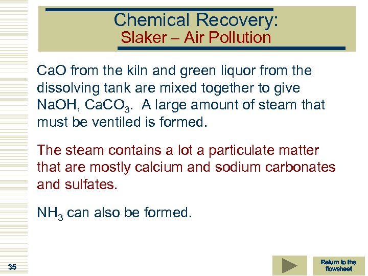 Chemical Recovery: Slaker – Air Pollution Ca. O from the kiln and green liquor