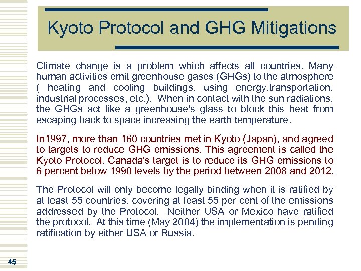 Kyoto Protocol and GHG Mitigations Climate change is a problem which affects all countries.