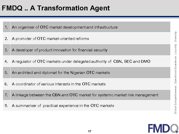 Outline Click to edit Master title style FMDQ. . A Transformation Agent An organiser