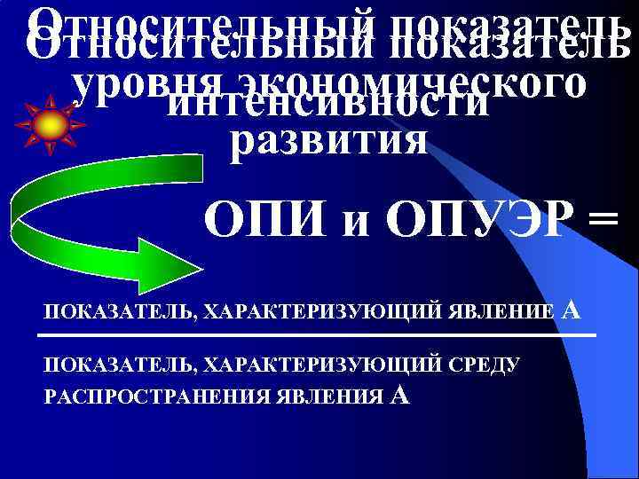 Относительный показатель Относительный уровня экономического интенсивности развития ОПИ и ОПУЭР = ПОКАЗАТЕЛЬ, ХАРАКТЕРИЗУЮЩИЙ ЯВЛЕНИЕ