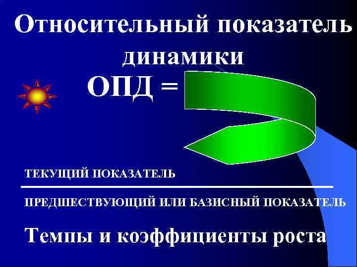 Относительный показатель динамики ОПД = ТЕКУЩИЙ ПОКАЗАТЕЛЬ ПРЕДШЕСТВУЮЩИЙ ИЛИ БАЗИСНЫЙ ПОКАЗАТЕЛЬ Темпы и коэффициенты