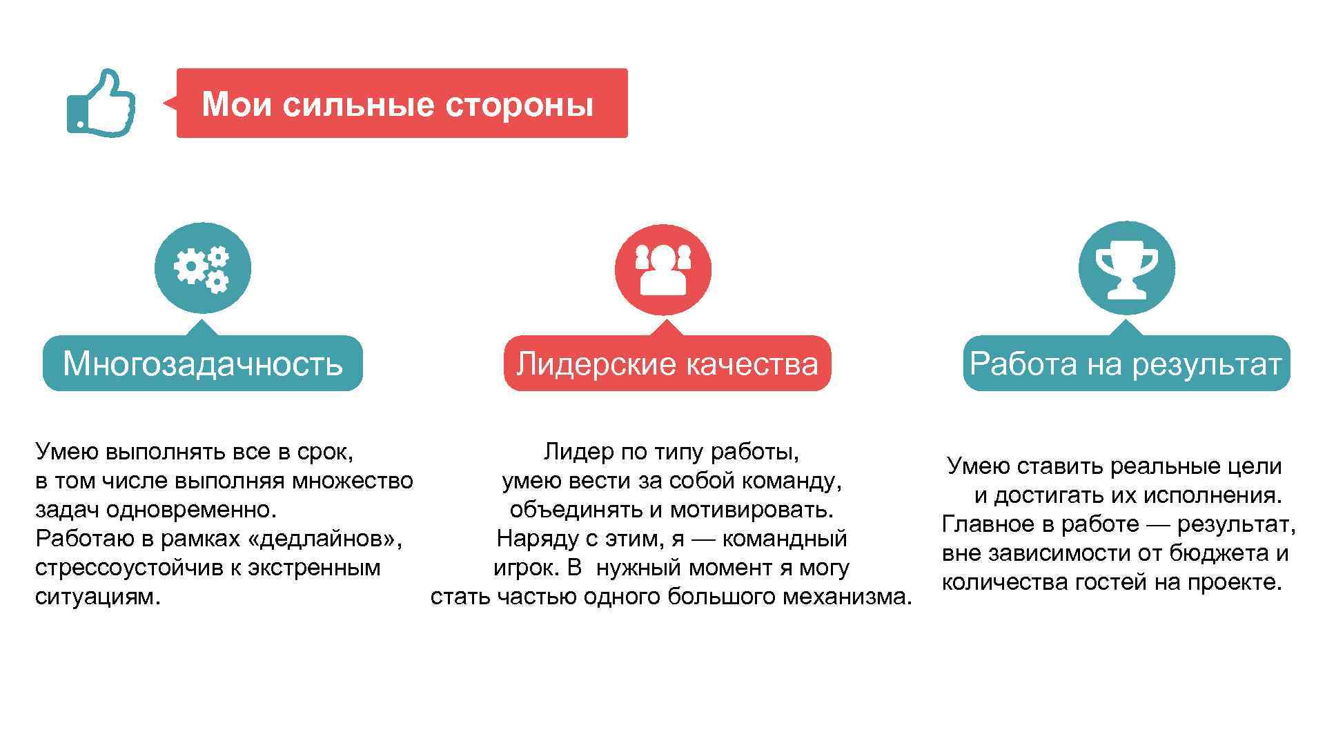 Мои сильные стороны Многозадачность Лидерские качества Умею выполнять все в срок, Лидер по типу