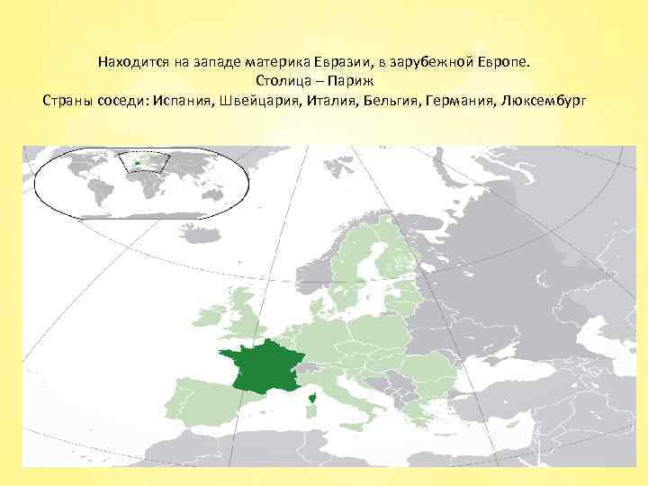 Находится на западе материка Евразии, в зарубежной Европе. Столица – Париж Страны соседи: Испания,