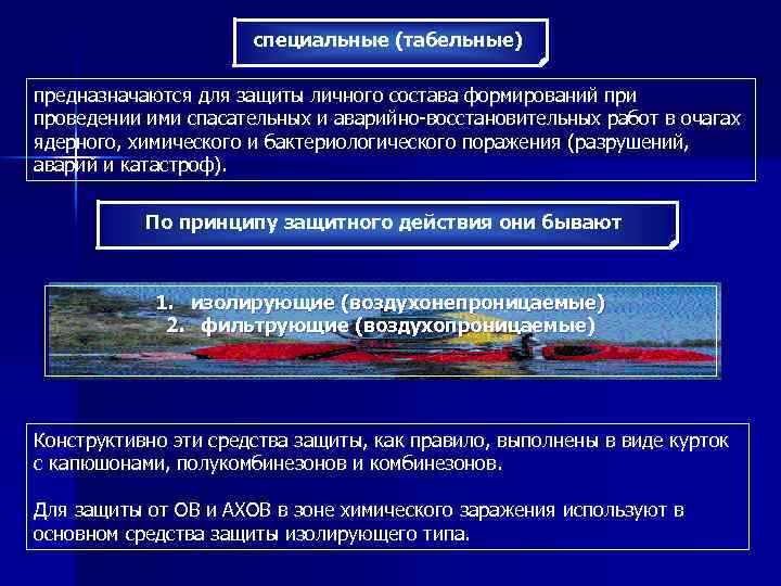 специальные (табельные) предназначаются для защиты личного состава формирований при проведении ими спасательных и аварийно