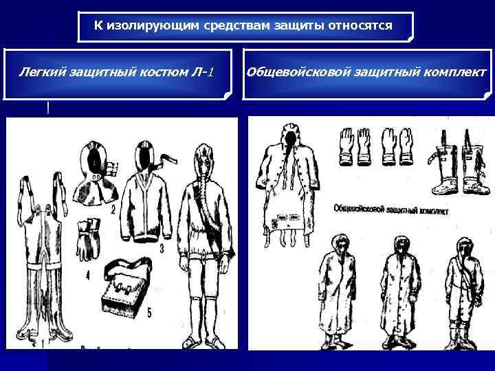 К изолирующим средствам защиты относятся Легкий защитный костюм Л-1 Общевойсковой защитный комплект 
