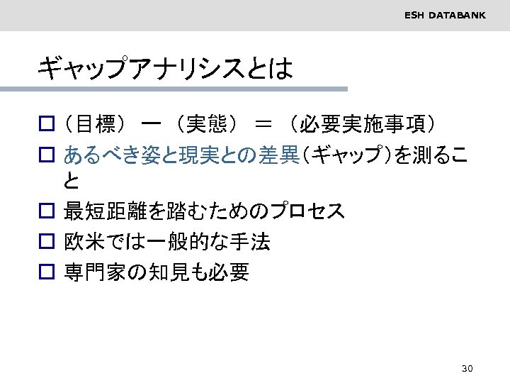 ESH DATABANK ギャップアナリシスとは o （目標）　ー　（実態）　＝　（必要実施事項） o あるべき姿と現実との差異（ギャップ）を測るこ と o 最短距離を踏むためのプロセス o 欧米では一般的な手法 o 専門家の知見も必要