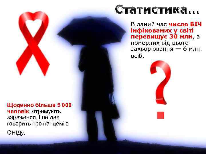 Статистика… В даний час число ВІЧ інфікованих у світі перевищує 30 млн, а померлих