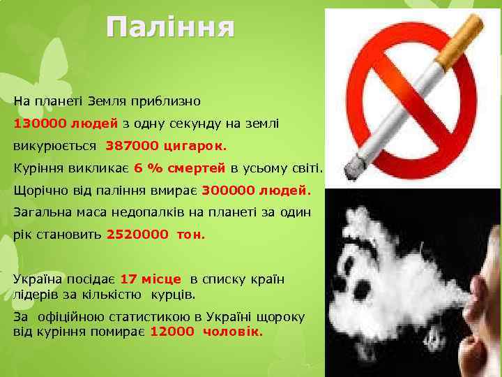 Паління На планеті Земля приблизно 130000 людей з одну секунду на землі викурюється 387000