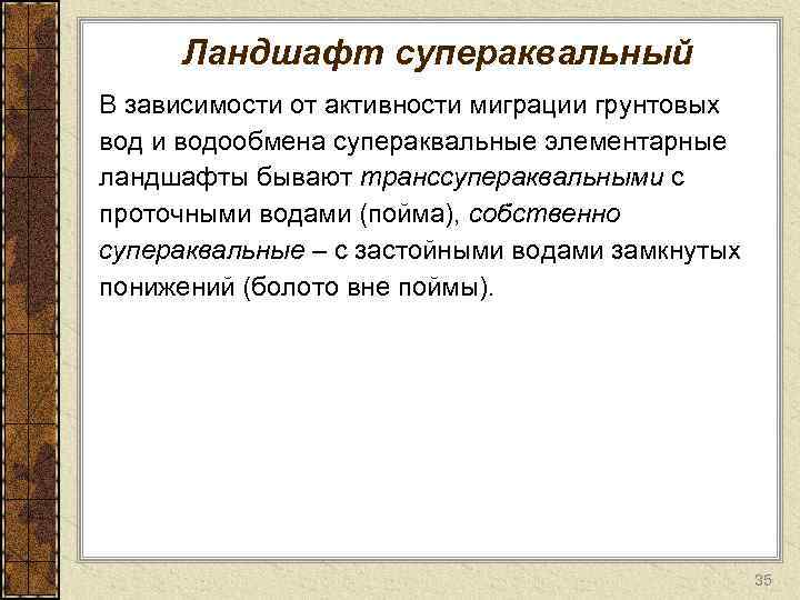 Ландшафт супераквальный В зависимости от активности миграции грунтовых вод и водообмена супераквальные элементарные ландшафты
