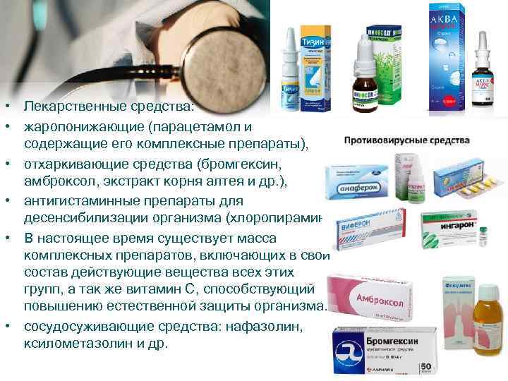  • Лекарственные средства: • жаропонижающие (парацетамол и содержащие его комплексные препараты), • отхаркивающие