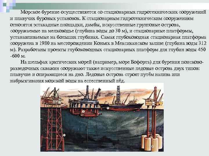 Морское бурение осуществляется со стационарных гидротехнических сооружений и плавучих буровых установок. К стационарным гидротехническим