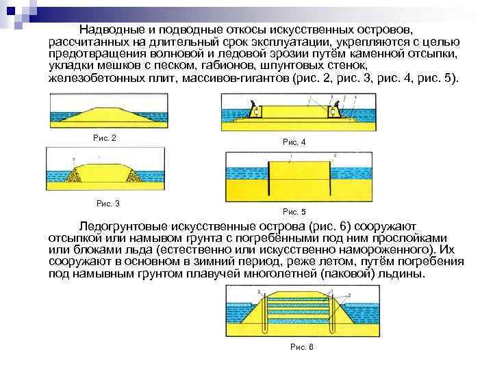 Надводные и подводные откосы искусственных островов, рассчитанных на длительный срок эксплуатации, укрепляются с целью