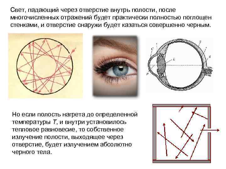 Свет, падающий через отверстие внутрь полости, после многочисленных отражений будет практически полностью поглощен стенками,