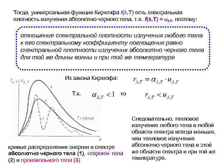 Тогда, универсальная функция Кирхгофа f(λ, Т) есть спектральная плотность излучения абсолютно черного тела, т.
