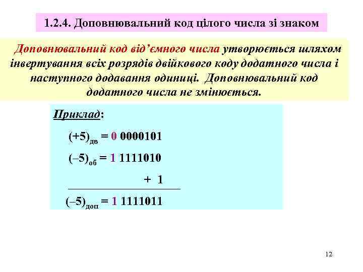 1. 2. 4. Доповнювальний код цілого числа зі знаком Доповнювальний код від’ємного числа утворюється