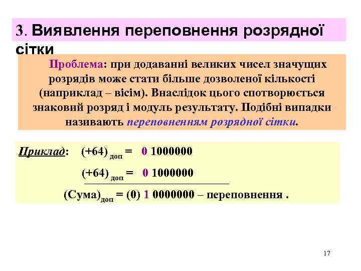 3. Виявлення переповнення розрядної сітки Проблема: при додаванні великих чисел значущих розрядів може стати