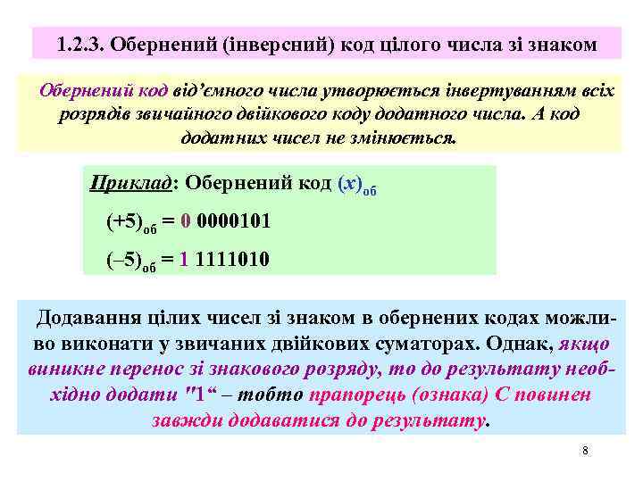 1. 2. 3. Обернений (інверсний) код цілого числа зі знаком Обернений код від’ємного числа
