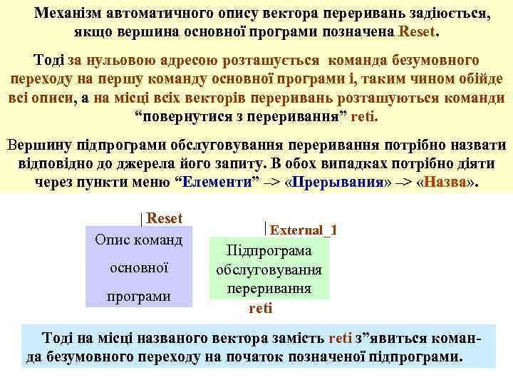 Механізм автоматичного опису вектора переривань задіюється, якщо вершина основної програми позначена Reset. Тоді за