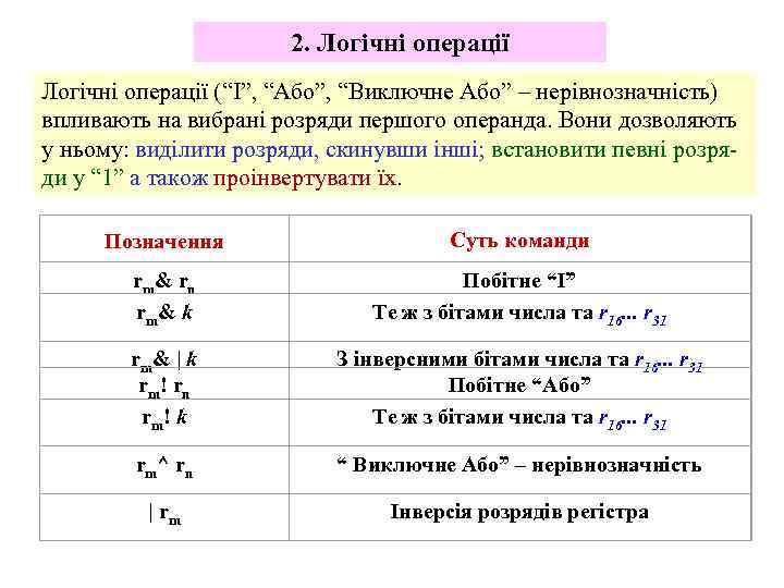 2. Логічні операції (“І”, “Або”, “Виключне Або” – нерівнозначність) впливають на вибрані розряди першого