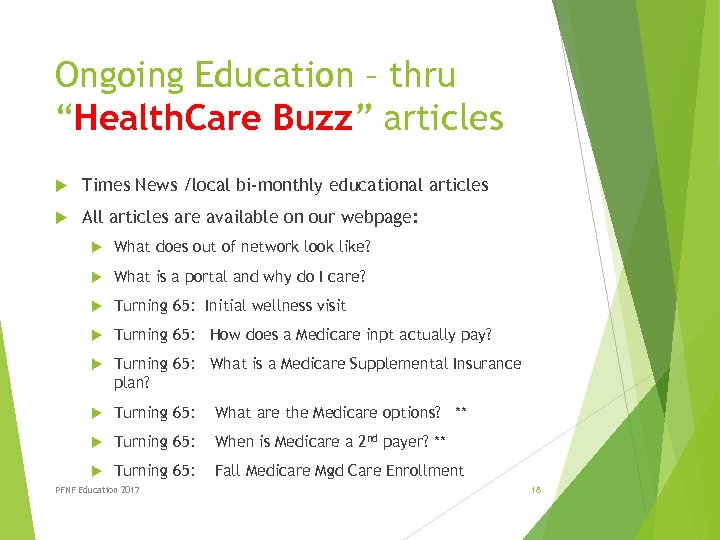 Ongoing Education – thru “Health. Care Buzz” articles Times News /local bi-monthly educational articles