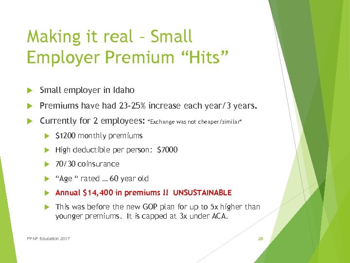 Making it real – Small Employer Premium “Hits” Small employer in Idaho Premiums have