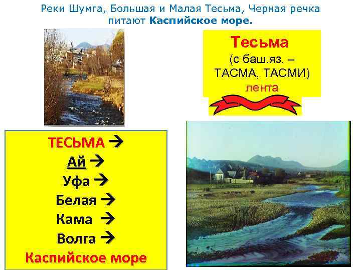 Реки Шумга, Большая и Малая Тесьма, Черная речка питают Каспийское море. Тесьма (с баш.