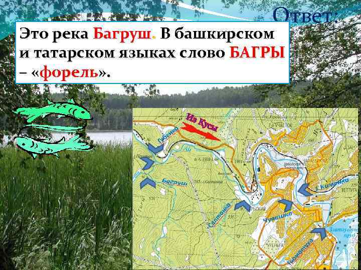 Ответ: Это река Багруш. В башкирском и татарском языках слово БАГРЫ – «форель» .