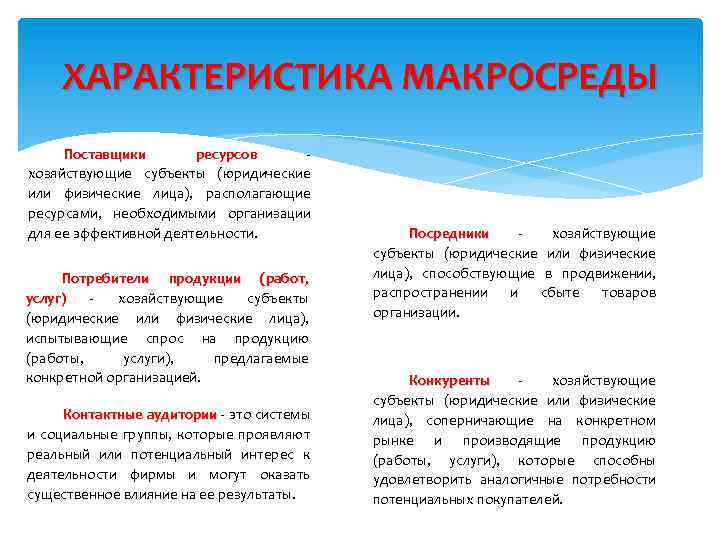 ХАРАКТЕРИСТИКА МАКРОСРЕДЫ Поставщики ресурсов - хозяйствующие субъекты (юридические или физические лица), располагающие ресурсами, необходимыми