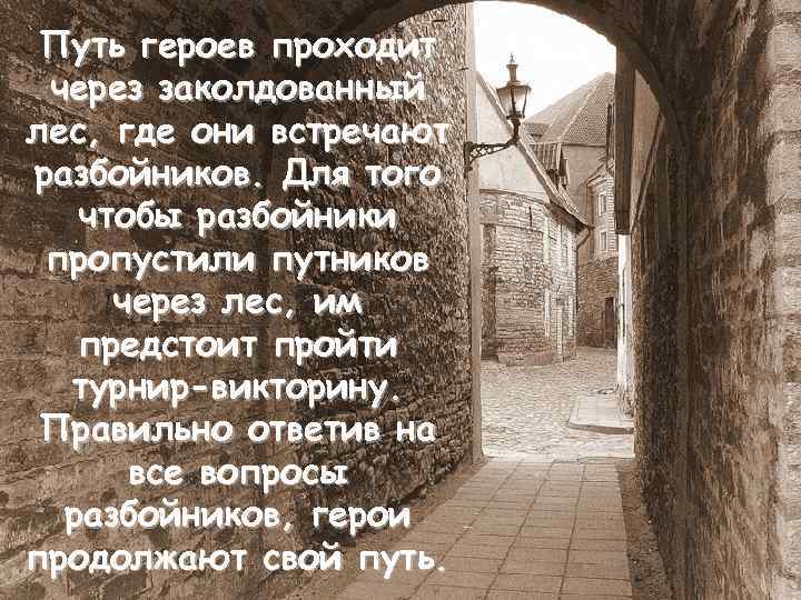 Путь героев проходит через заколдованный лес, где они встречают разбойников. Для того чтобы разбойники
