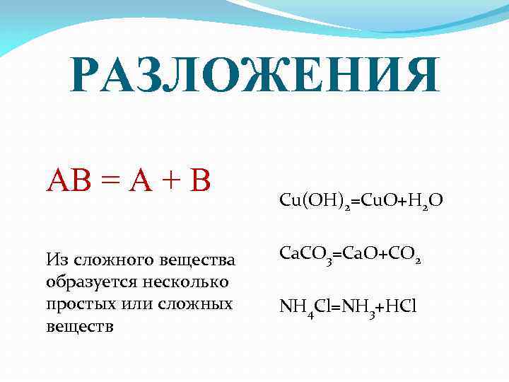 РАЗЛОЖЕНИЯ AB = A + B Из сложного вещества образуется несколько простых или сложных