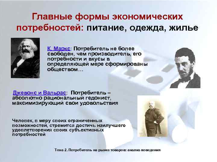 Главные формы экономических потребностей: питание, одежда, жилье К. Маркс: Потребитель не более свободен, чем