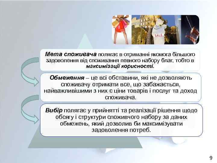 Мета споживача полягає в отриманні якомога більшого задоволення від споживання певного набору благ, тобто