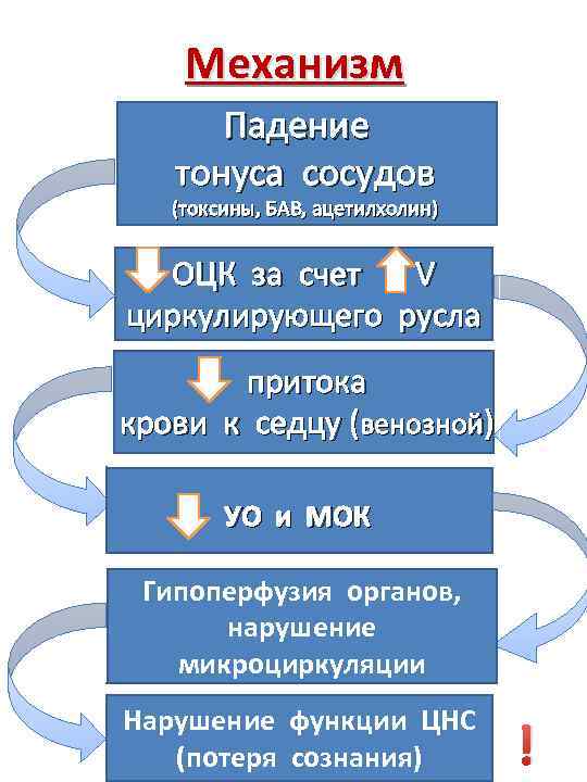 Механизм Падение тонуса сосудов (токсины, БАВ, ацетилхолин) ОЦК за счет V циркулирующего русла притока