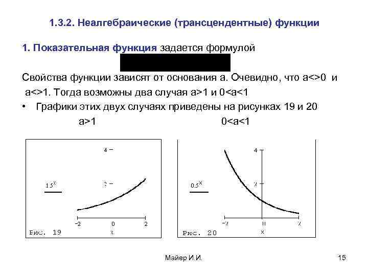 1. 3. 2. Неалгебраические (трансцендентные) функции 1. Показательная функция задается формулой Свойства функции зависят