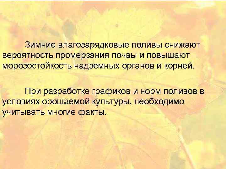 Зимние влагозарядковые поливы снижают вероятность промерзания почвы и повышают морозостойкость надземных органов и корней.