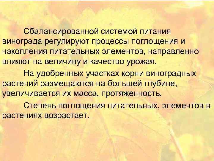  Сбалансированной системой питания винограда регулируют процессы поглощения и накопления питательных элементов, направленно влияют