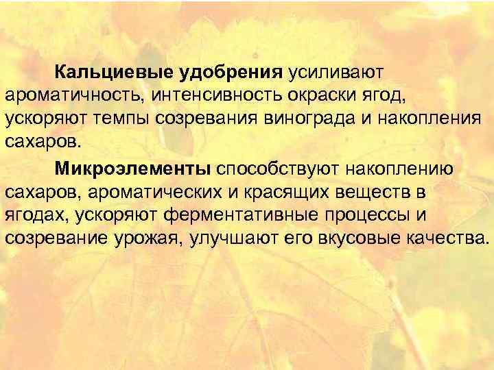 Кальциевые удобрения усиливают ароматичность, интенсивность окраски ягод, ускоряют темпы созревания винограда и накопления сахаров.