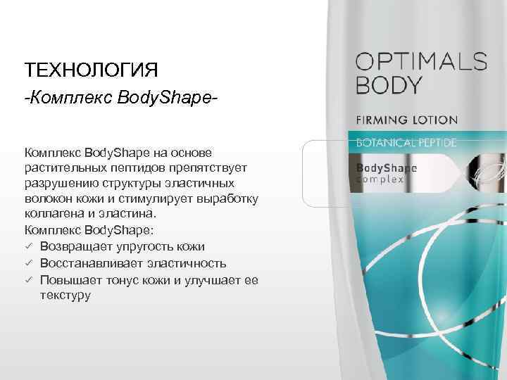 ТЕХНОЛОГИЯ -Комплекс Body. Shape на основе растительных пептидов препятствует разрушению структуры эластичных волокон кожи