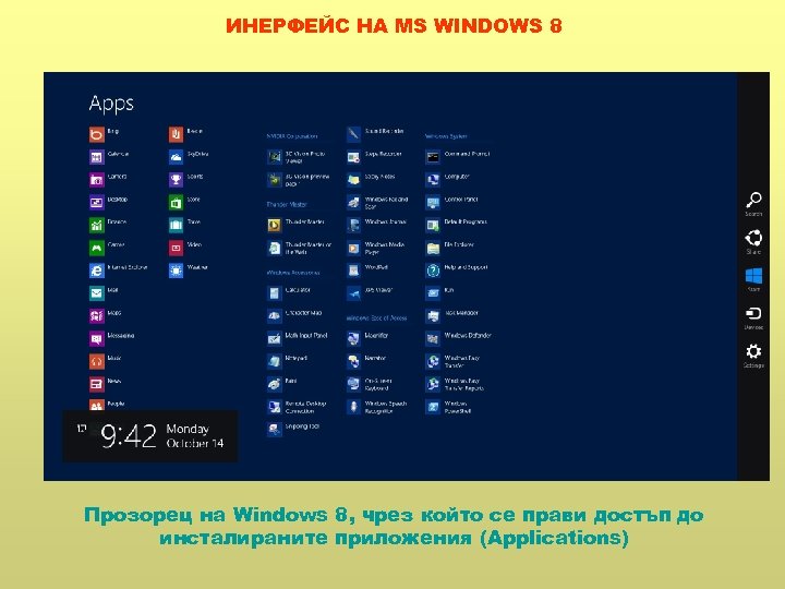 ИНЕРФЕЙС НА MS WINDOWS 8 Прозорец на Windows 8, чрез който се прави достъп