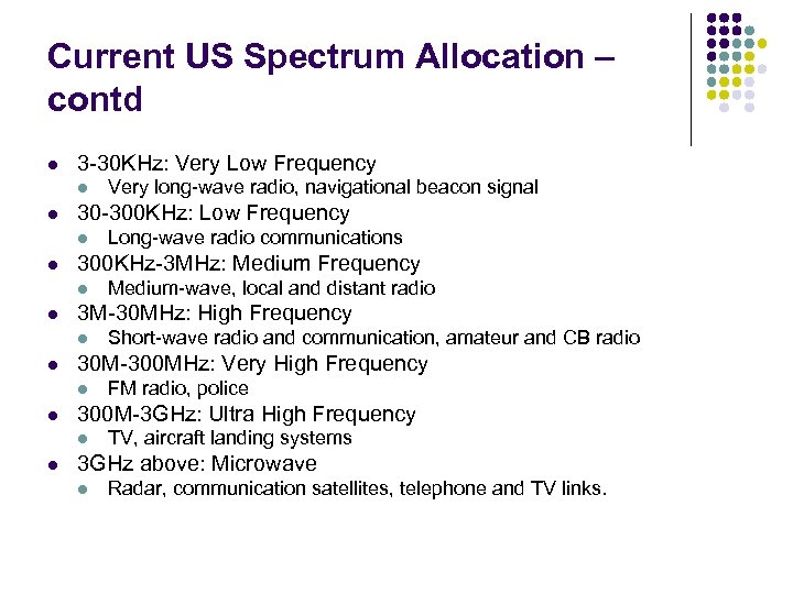 Current US Spectrum Allocation – contd l 3 -30 KHz: Very Low Frequency l