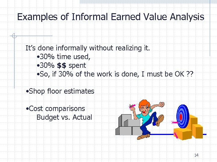 Examples of Informal Earned Value Analysis It’s done informally without realizing it. • 30%