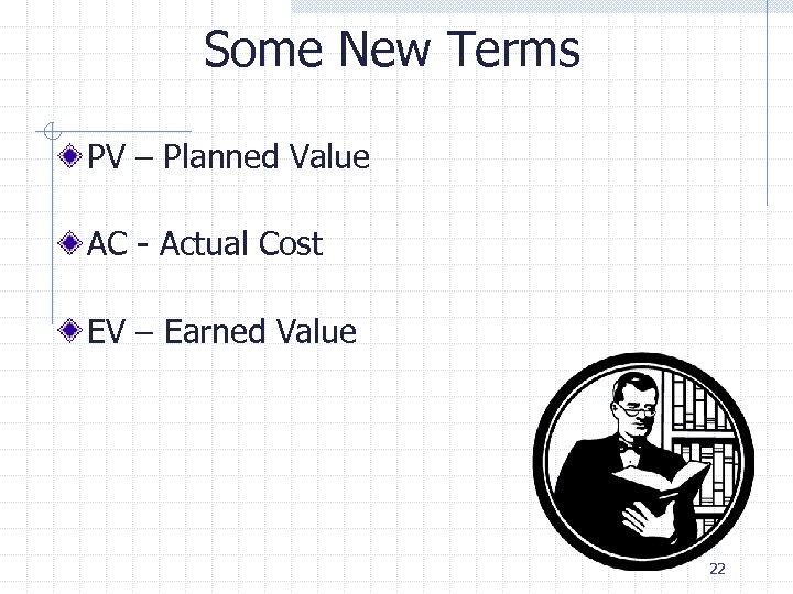 Some New Terms PV – Planned Value AC - Actual Cost EV – Earned