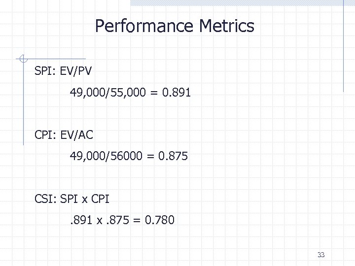 Performance Metrics SPI: EV/PV 49, 000/55, 000 = 0. 891 CPI: EV/AC 49, 000/56000