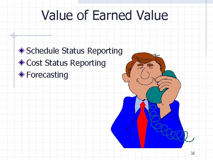 Value of Earned Value Schedule Status Reporting Cost Status Reporting Forecasting 38 